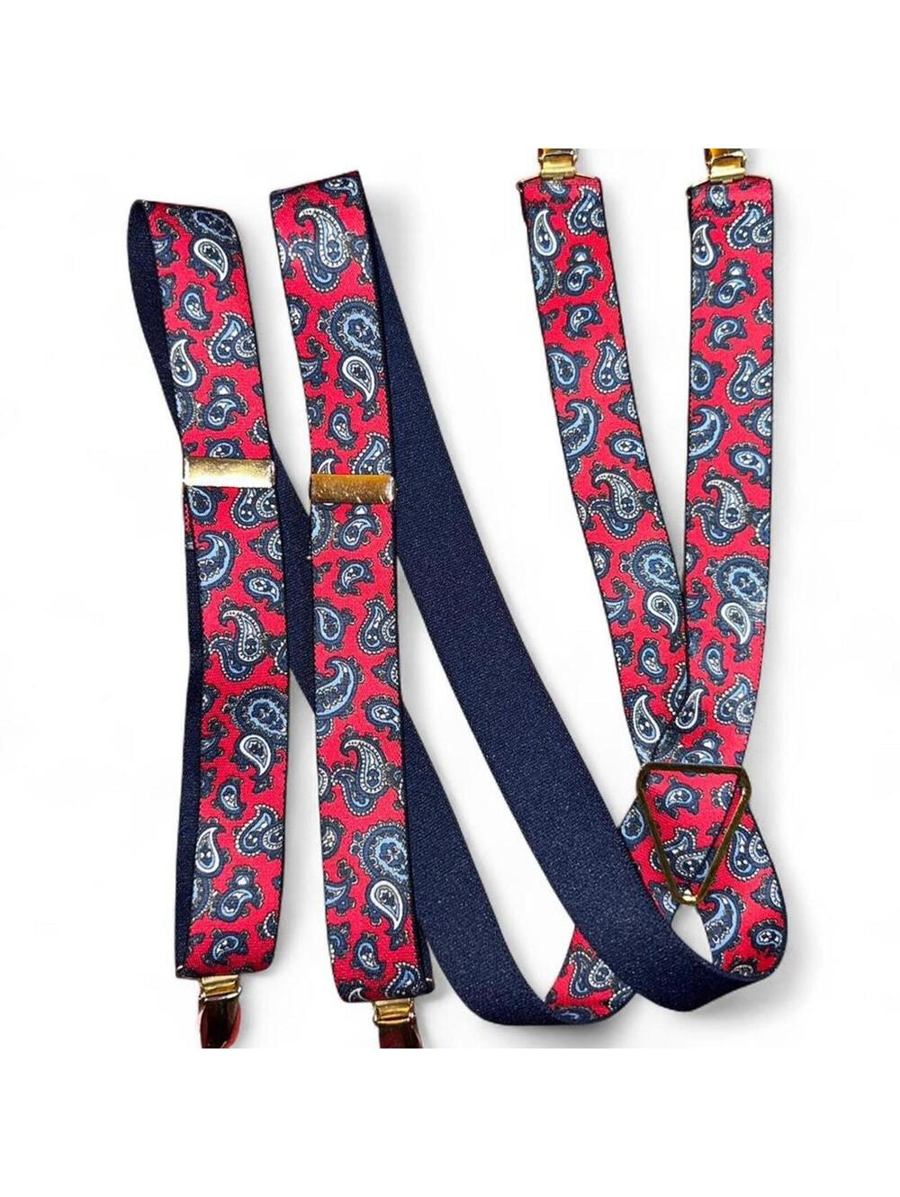 Vintage Red & Navy Paisley Suspenders 1” Wide Reversible Elastic Braces
